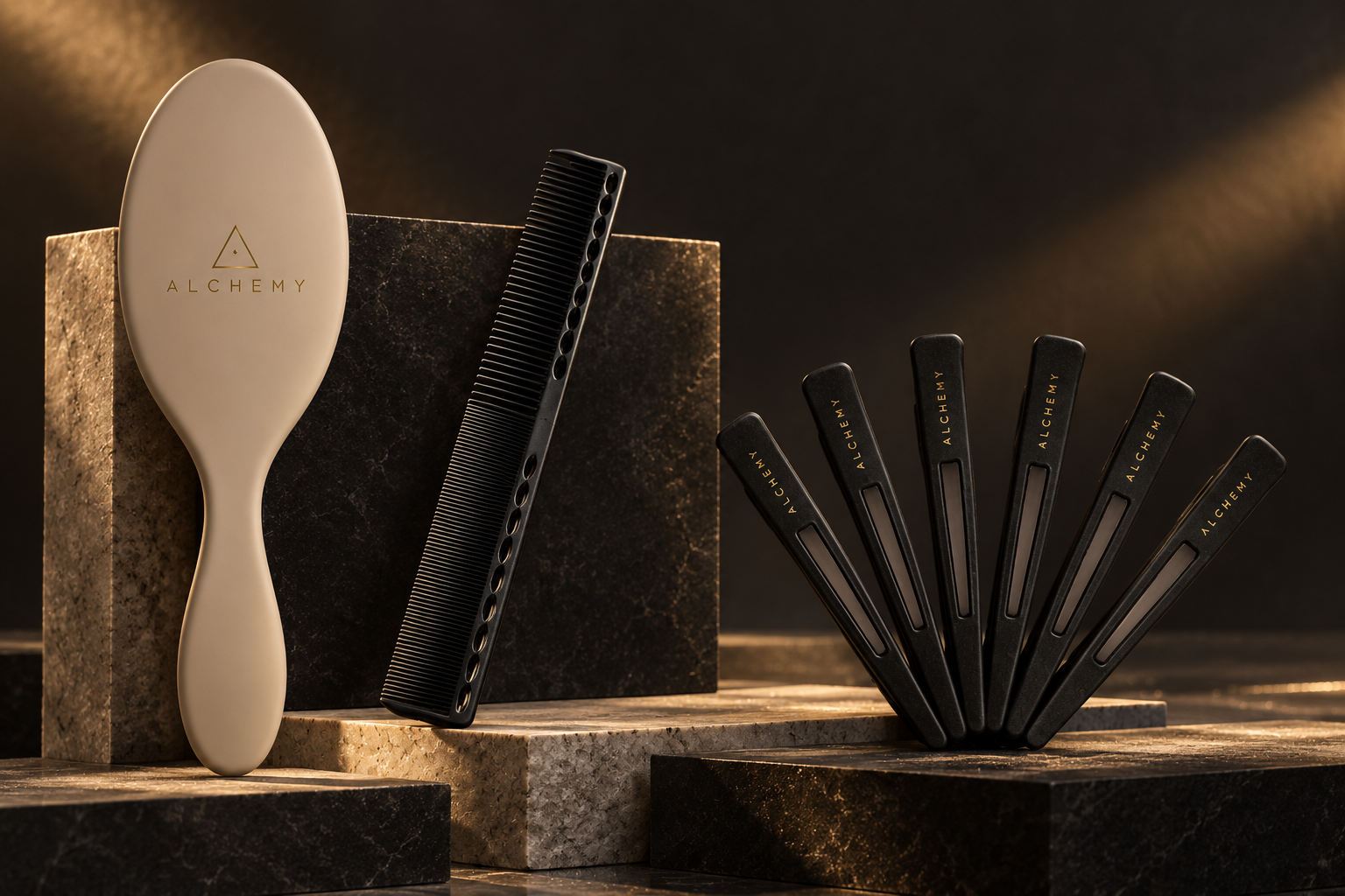 Alchemy beige detangling brush, black Master Cutting Comb and six sectioning clips in an editorial still life