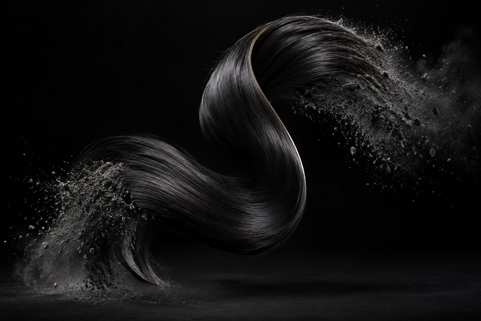 Sculptural black hair dissolving into mineral texture